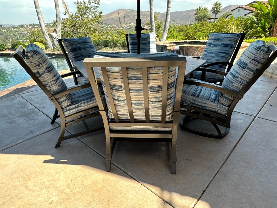 Six Outdoor Patio Chairs With Stone Top Table 5'W And Umbrella (Note Damage In Photos To One Corner Of Table) [Photo 8]