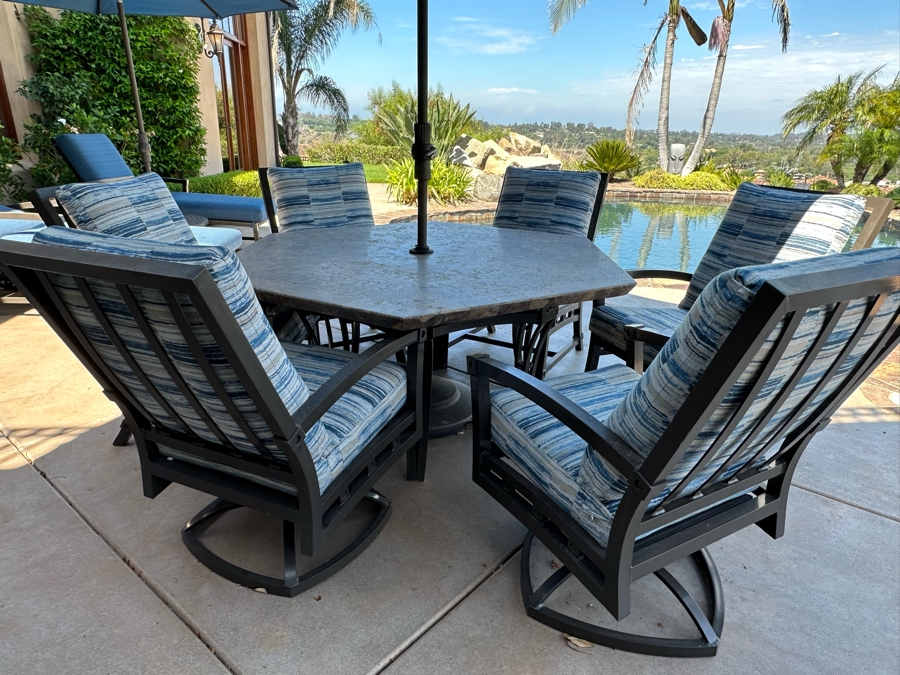 Six Outdoor Patio Chairs With Stone Top Table 5'W And Umbrella (Note Damage In Photos To One Corner Of Table) [Photo 4]