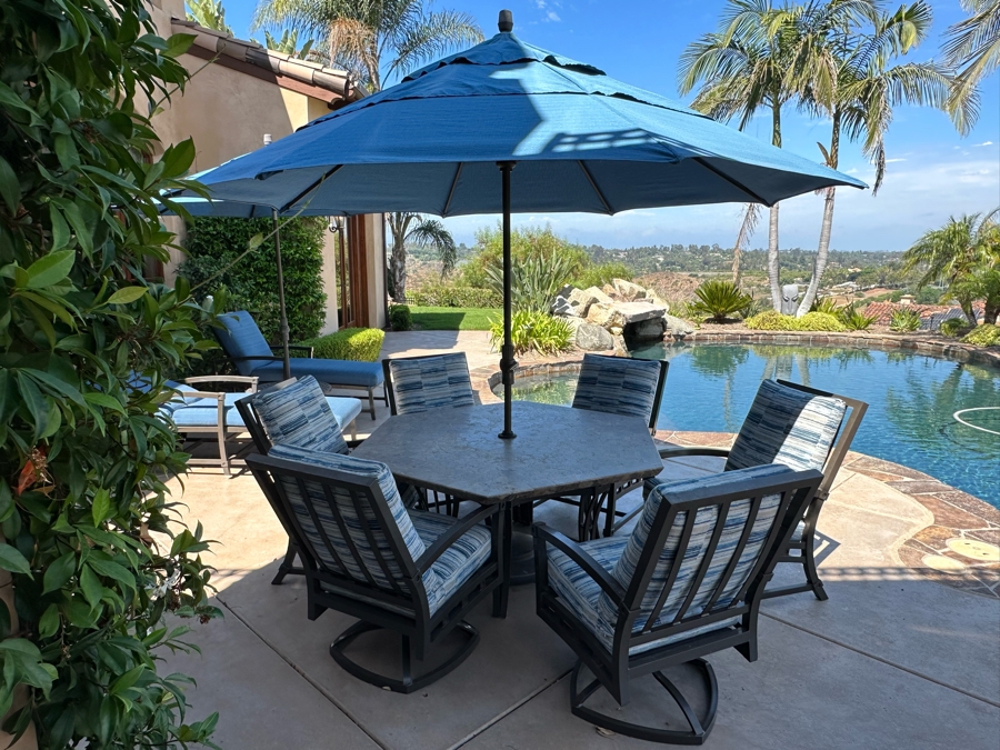 Six Outdoor Patio Chairs With Stone Top Table 5'W And Umbrella (Note Damage In Photos To One Corner Of Table) [Photo 3]