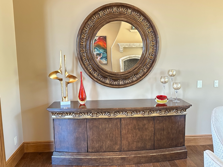 Buffet Server Credenza 7'W X 1'10'D X 2'10'H With Matching Round Mirror 4'5' [Photo 2]