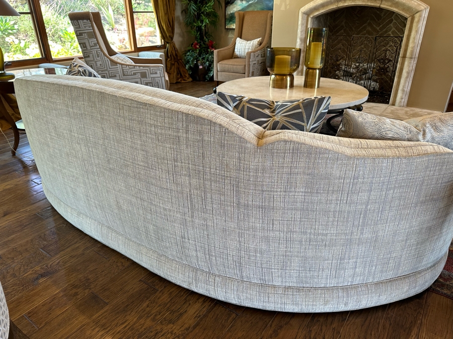 Stunning Upholstered Curved Back Sofa With Four Throw Pillows 9'7'W X 3'5'D X 3'H [Photo 6]