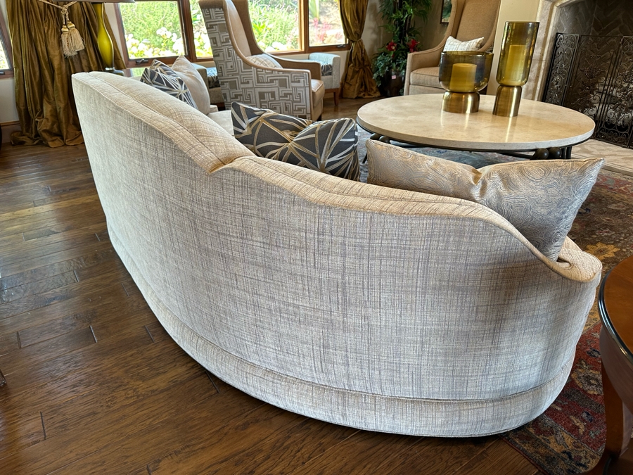 Stunning Upholstered Curved Back Sofa With Four Throw Pillows 9'7'W X 3'5'D X 3'H [Photo 5]