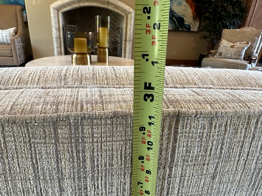 Stunning Upholstered Curved Back Sofa With Four Throw Pillows 9'7'W X 3'5'D X 3'H [Photo 7]