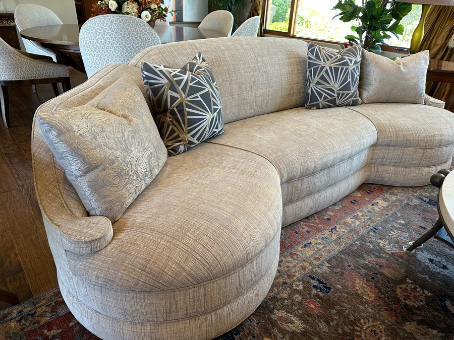 Stunning Upholstered Curved Back Sofa With Four Throw Pillows 9'7'W X 3'5'D X 3'H [Photo 3]