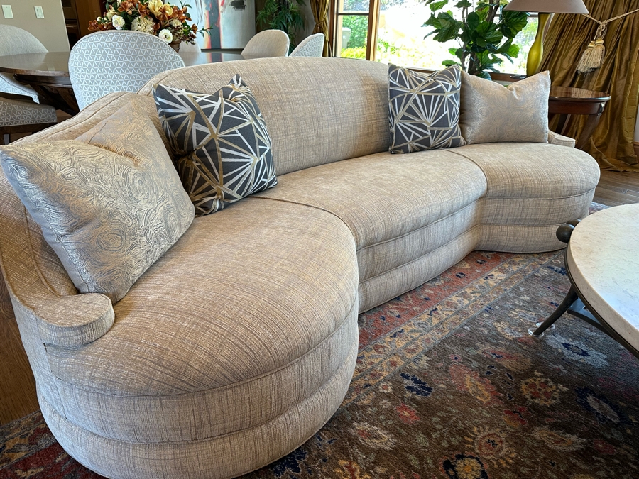 Stunning Upholstered Curved Back Sofa With Four Throw Pillows 9'7'W X 3'5'D X 3'H [Photo 2]