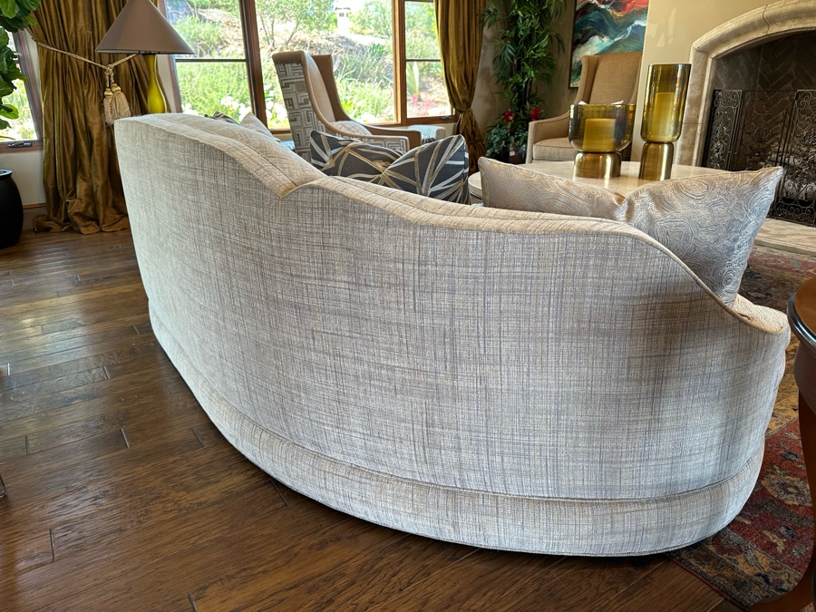 Stunning Upholstered Curved Back Sofa With Four Throw Pillows 9'7'W X 3'5'D X 3'H [Photo 4]