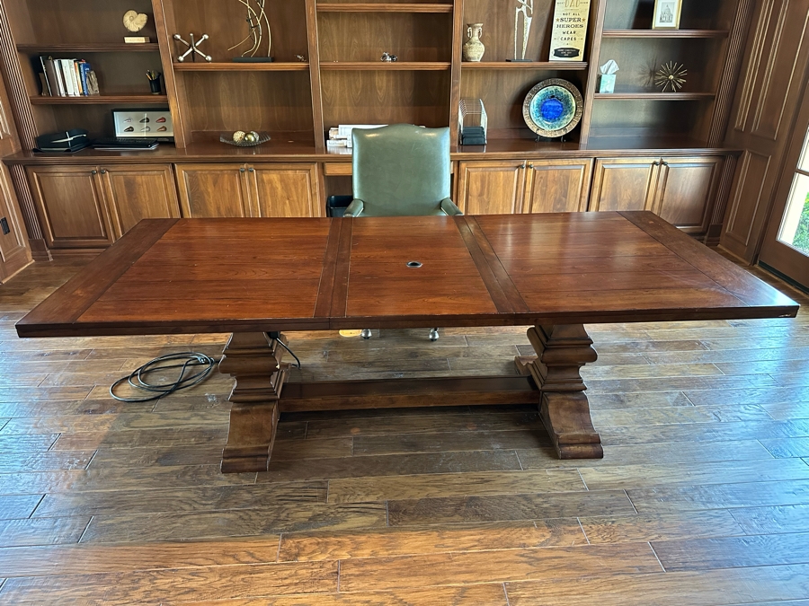 Wooden Trestle Table With One Leaf - Use As Dining Table / Conference Table / Desk 8'4'W (With Leaf) X 3'9'D (Leaf Is 1'10') [Photo 1]