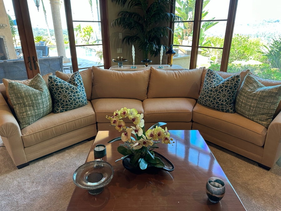 Three Piece Sectional Upholstered Sofa With Four Throw Pillows 14'W X 3'8'D X 3'3'H [Photo 3]