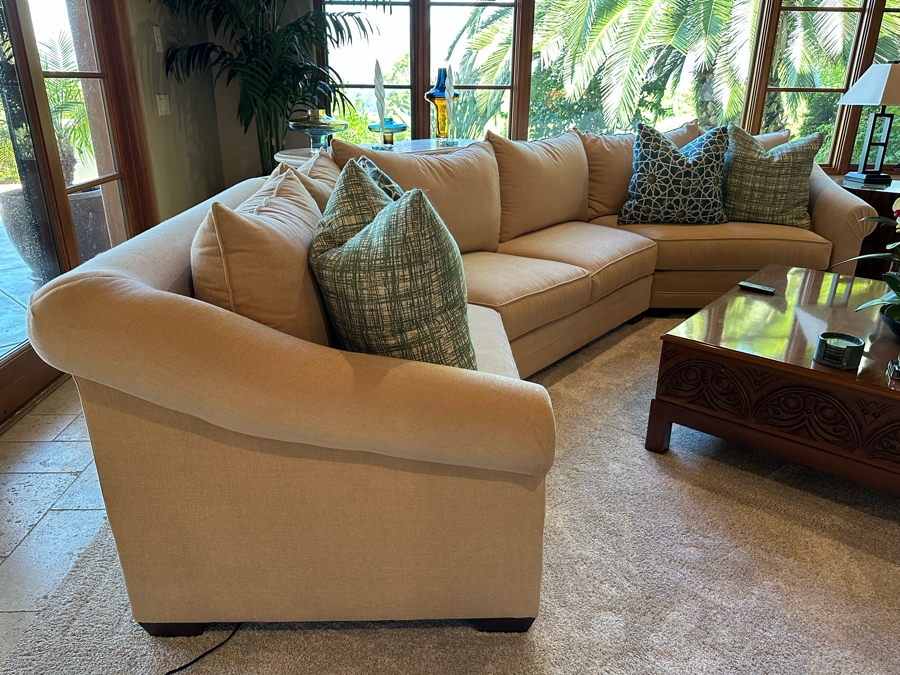 Three Piece Sectional Upholstered Sofa With Four Throw Pillows 14'W X 3'8'D X 3'3'H [Photo 4]