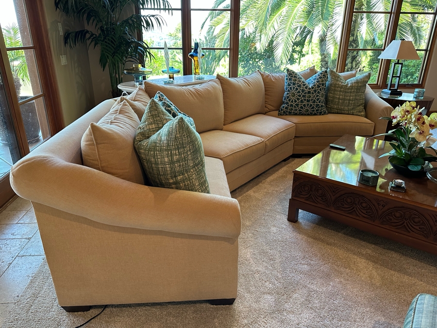 Three Piece Sectional Upholstered Sofa With Four Throw Pillows 14'W X 3'8'D X 3'3'H [Photo 2]