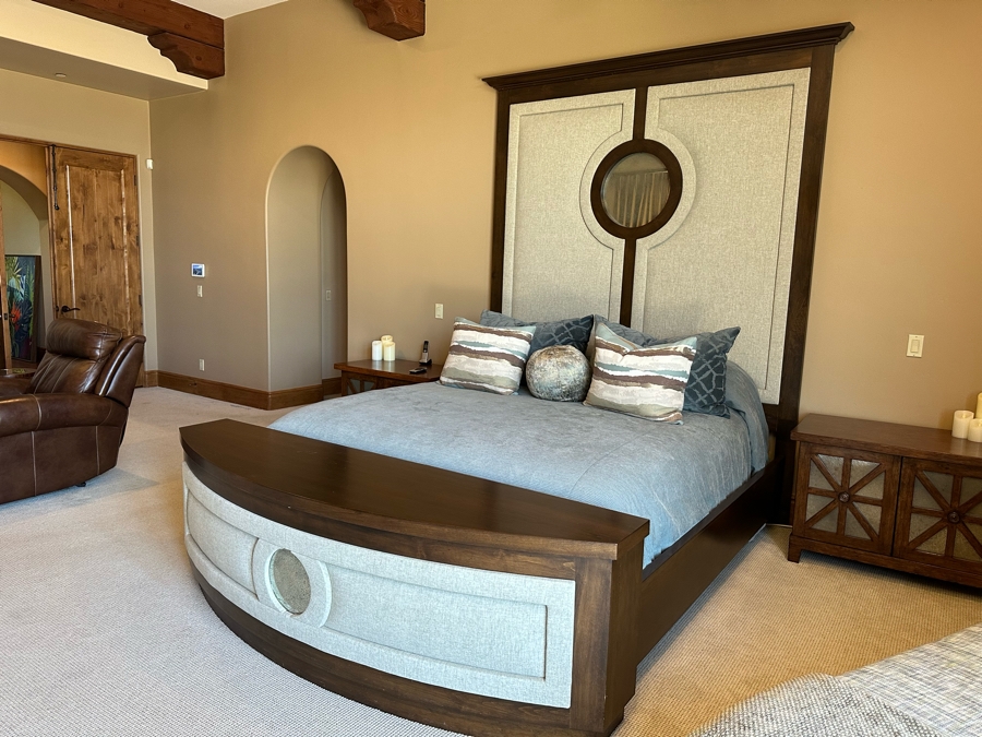 Stunning Designer Cal King Bed Featuring Tall Uphostered Headboard With Round Mirror And Upholstered Footboard With Storage Chest (Mattress / Box Spring Not Included) [Photo 3]