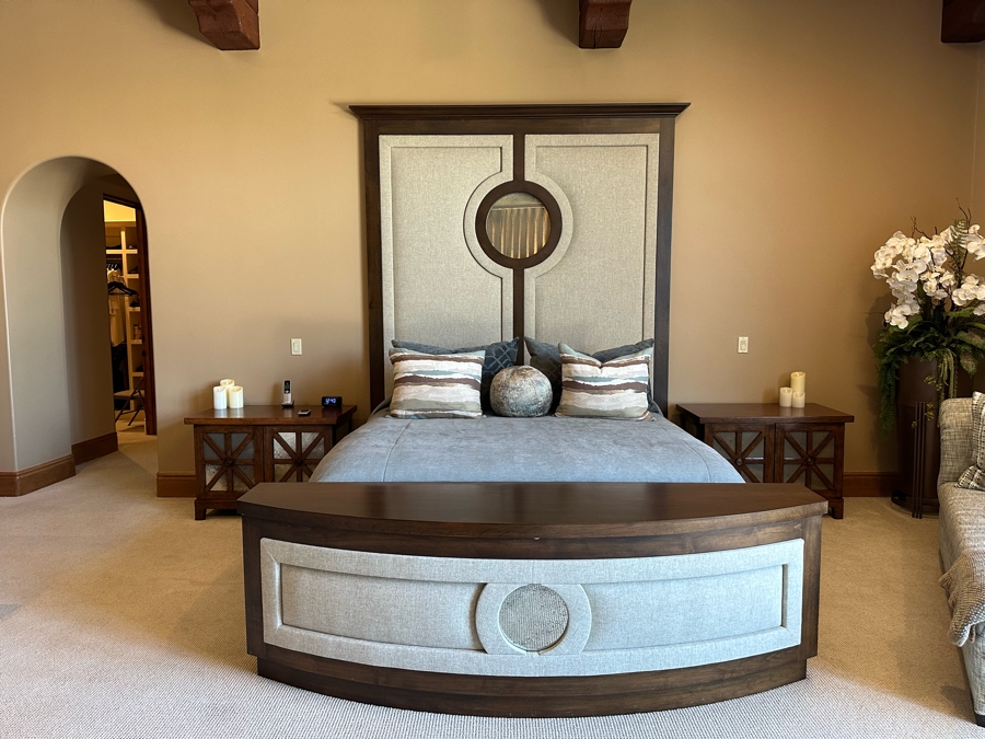 Stunning Designer Cal King Bed Featuring Tall Uphostered Headboard With Round Mirror And Upholstered Footboard With Storage Chest (Mattress / Box Spring Not Included) [Photo 2]