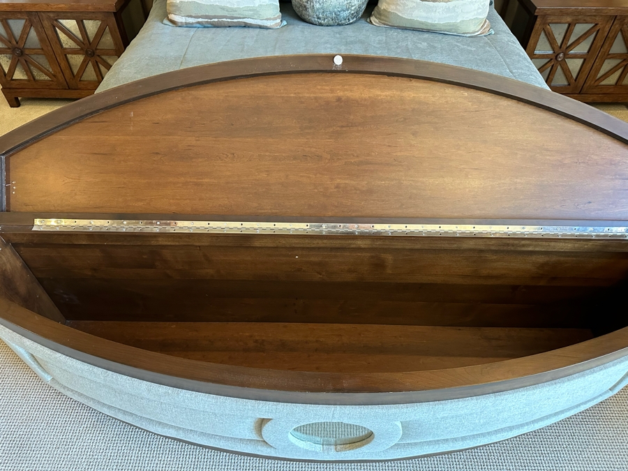 Stunning Designer Cal King Bed Featuring Tall Uphostered Headboard With Round Mirror And Upholstered Footboard With Storage Chest (Mattress / Box Spring Not Included) [Photo 6]