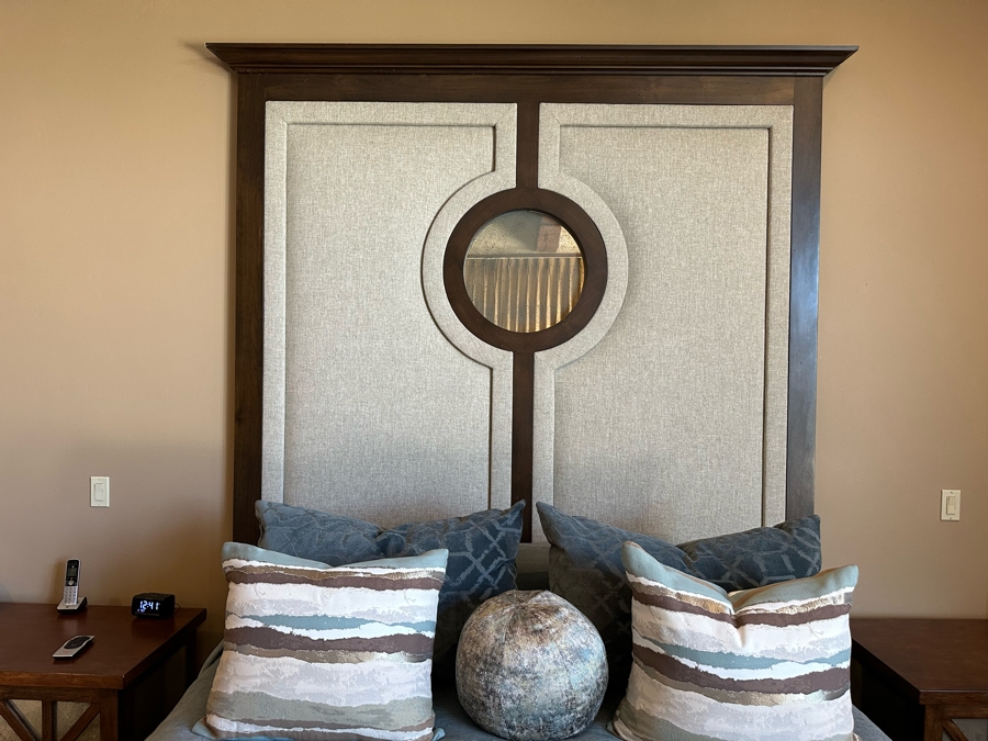 Stunning Designer Cal King Bed Featuring Tall Uphostered Headboard With Round Mirror And Upholstered Footboard With Storage Chest (Mattress / Box Spring Not Included) [Photo 7]