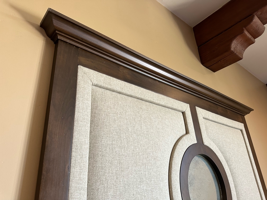 Stunning Designer Cal King Bed Featuring Tall Uphostered Headboard With Round Mirror And Upholstered Footboard With Storage Chest (Mattress / Box Spring Not Included) [Photo 9]