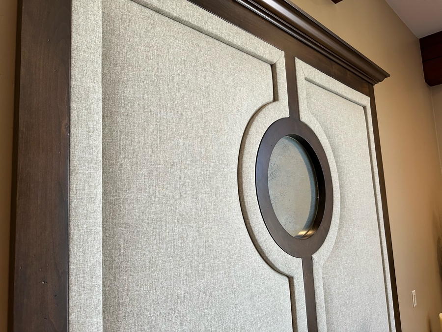 Stunning Designer Cal King Bed Featuring Tall Uphostered Headboard With Round Mirror And Upholstered Footboard With Storage Chest (Mattress / Box Spring Not Included) [Photo 8]