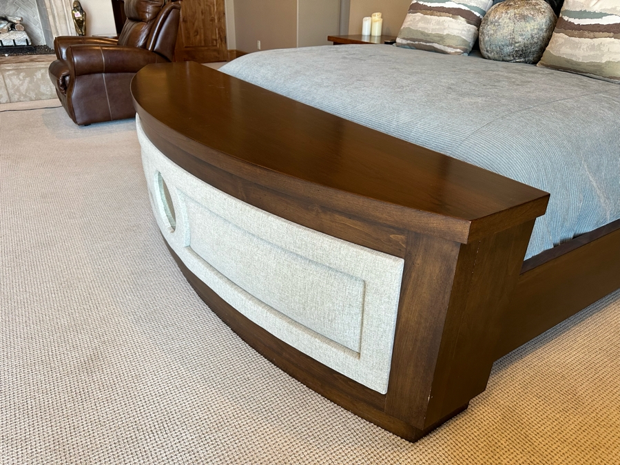 Stunning Designer Cal King Bed Featuring Tall Uphostered Headboard With Round Mirror And Upholstered Footboard With Storage Chest (Mattress / Box Spring Not Included) [Photo 5]