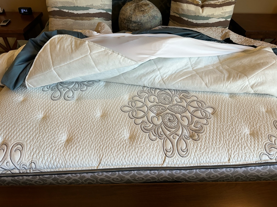 Stunning Designer Cal King Bed Featuring Tall Uphostered Headboard With Round Mirror And Upholstered Footboard With Storage Chest (Mattress / Box Spring Not Included) [Photo 10]