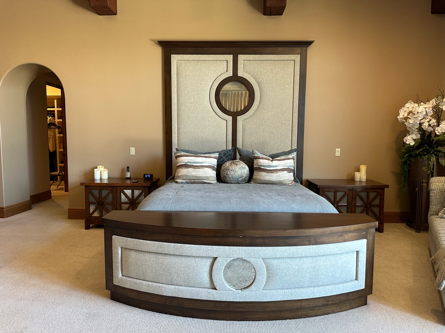 Stunning Designer Cal King Bed Featuring Tall Uphostered Headboard With Round Mirror And Upholstered Footboard With Storage Chest (Mattress / Box Spring Not Included)