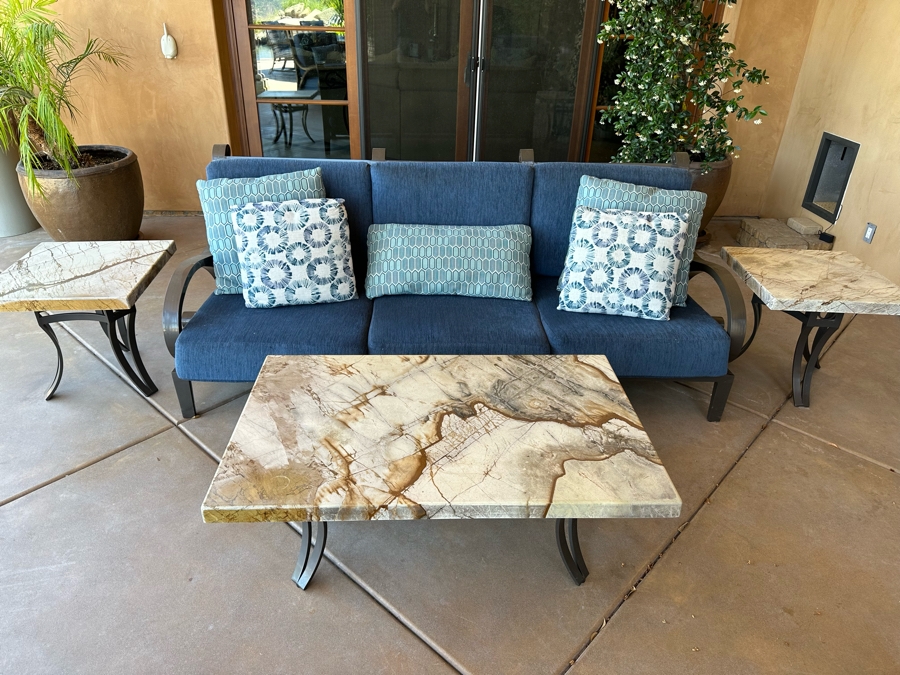 Outdoor Patio Furniture Set Includes Sofa 7'9'W X 3'6'D X 3'2'H With Pair Of Marble Top Side Tables 2'W X 2'D X 1'10H And Marble Top Coffee Table 4'W X 2'6'D X 1'8'H
