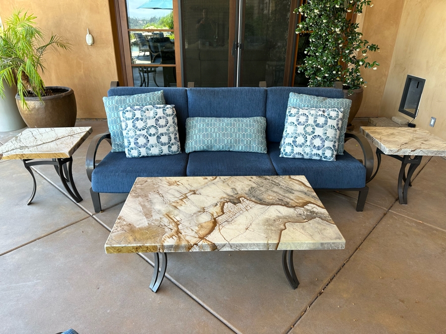 Outdoor Patio Furniture Set Includes Sofa 7'9'W X 3'6'D X 3'2'H With Pair Of Marble Top Side Tables 2'W X 2'D X 1'10H And Marble Top Coffee Table 4'W X 2'6'D X 1'8'H [Photo 2]