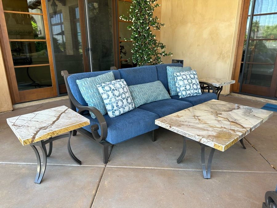 Outdoor Patio Furniture Set Includes Sofa 7'9'W X 3'6'D X 3'2'H With Pair Of Marble Top Side Tables 2'W X 2'D X 1'10H And Marble Top Coffee Table 4'W X 2'6'D X 1'8'H [Photo 3]