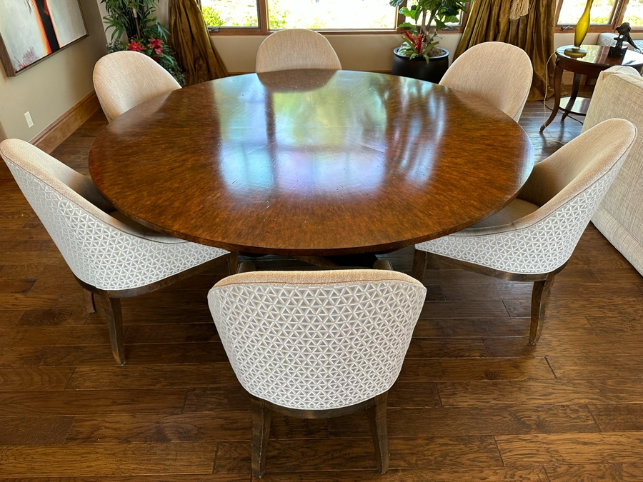 Large 7' Round Wooden Pedestal Dining Table By Artifacts International With Eight Upholstered Modern Dining Chairs [CR] [Photo 5]