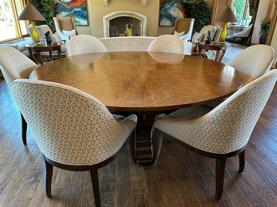 Large 7' Round Wooden Pedestal Dining Table By Artifacts International With Eight Upholstered Modern Dining Chairs [CR] [Photo 3]