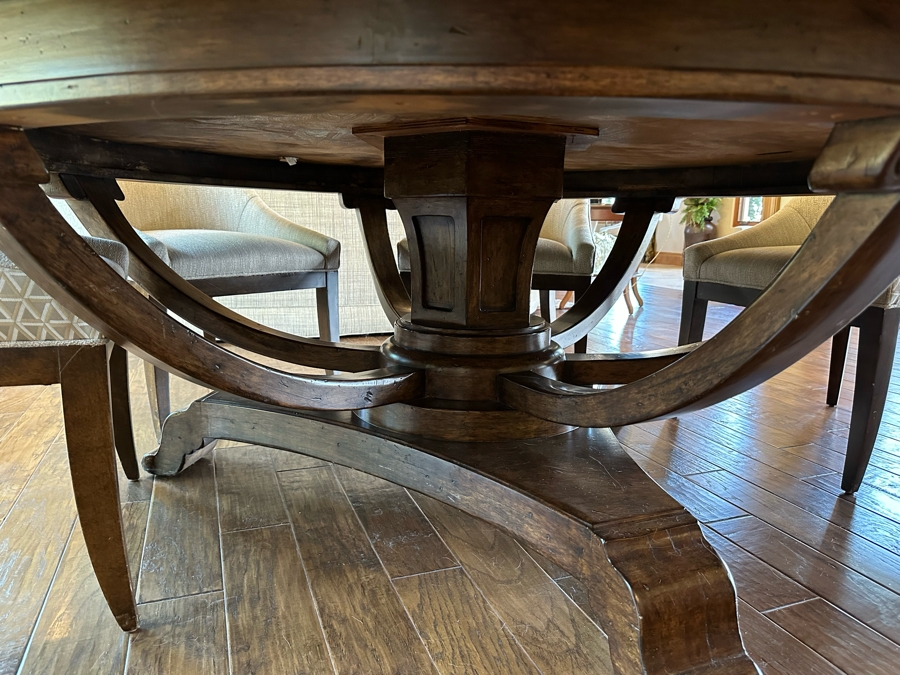 Large 7' Round Wooden Pedestal Dining Table By Artifacts International With Eight Upholstered Modern Dining Chairs [CR] [Photo 10]