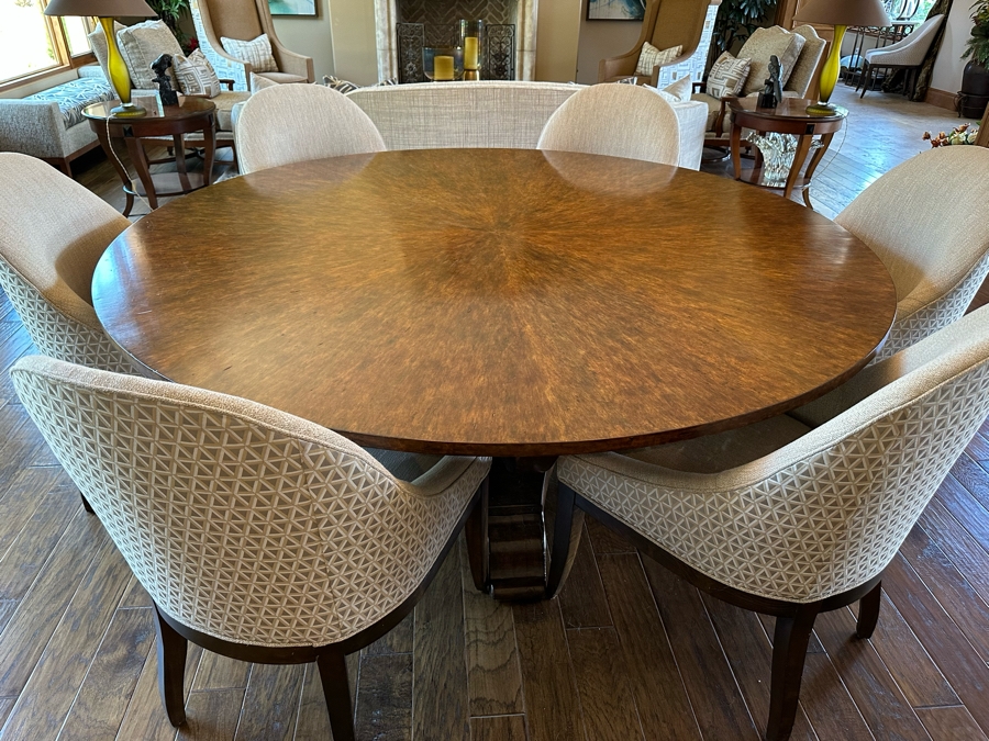 Large 7' Round Wooden Pedestal Dining Table By Artifacts International With Eight Upholstered Modern Dining Chairs [CR] [Photo 1]