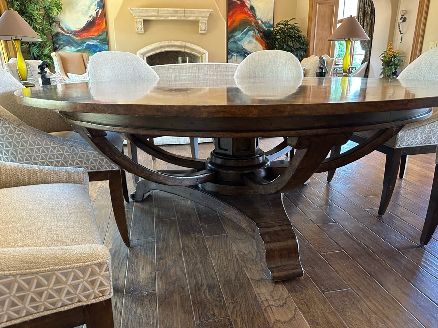 Large 7' Round Wooden Pedestal Dining Table By Artifacts International With Eight Upholstered Modern Dining Chairs [CR] [Photo 9]