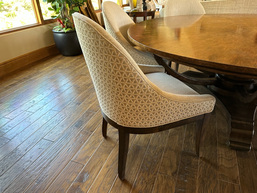 Large 7' Round Wooden Pedestal Dining Table By Artifacts International With Eight Upholstered Modern Dining Chairs [CR] [Photo 12]