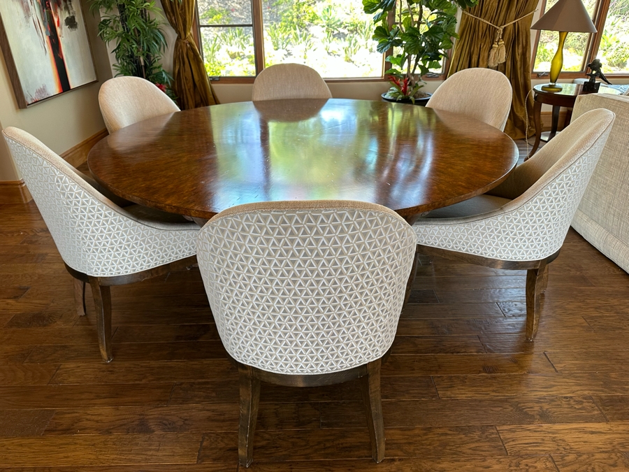 Large 7' Round Wooden Pedestal Dining Table By Artifacts International With Eight Upholstered Modern Dining Chairs [CR] [Photo 4]