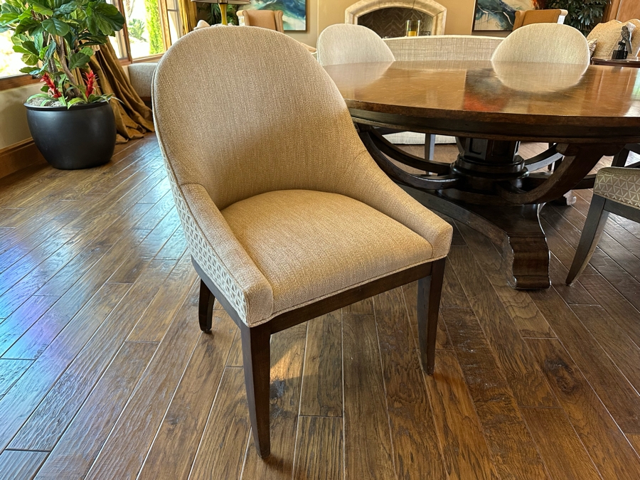 Large 7' Round Wooden Pedestal Dining Table By Artifacts International With Eight Upholstered Modern Dining Chairs [CR] [Photo 13]