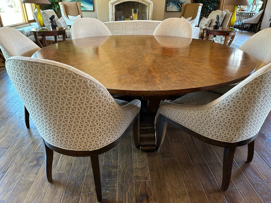 Large 7' Round Wooden Pedestal Dining Table By Artifacts International With Eight Upholstered Modern Dining Chairs [CR] [Photo 2]