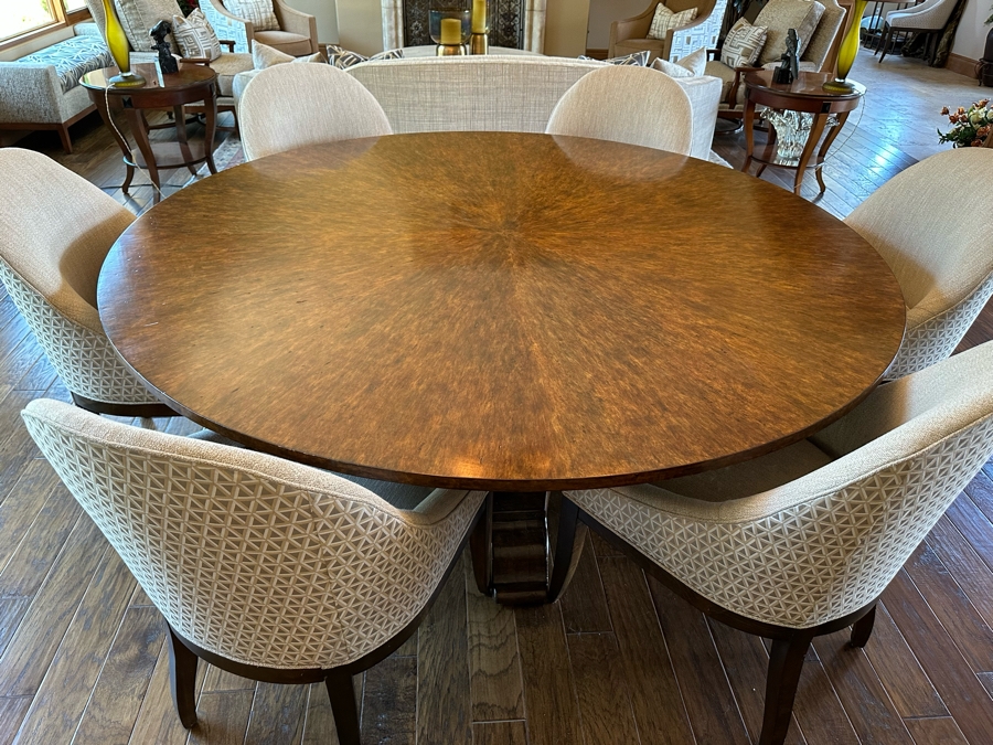 Large 7' Round Wooden Pedestal Dining Table By Artifacts International With Eight Upholstered Modern Dining Chairs [CR] [Photo 6]