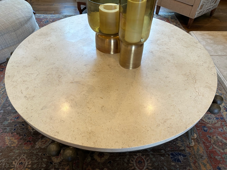 Stunning Sculptural Bronze Base Coffee Table With Round Marble Top Very Heavy 4'9.5'R X 1'7'H [CR] [Photo 6]