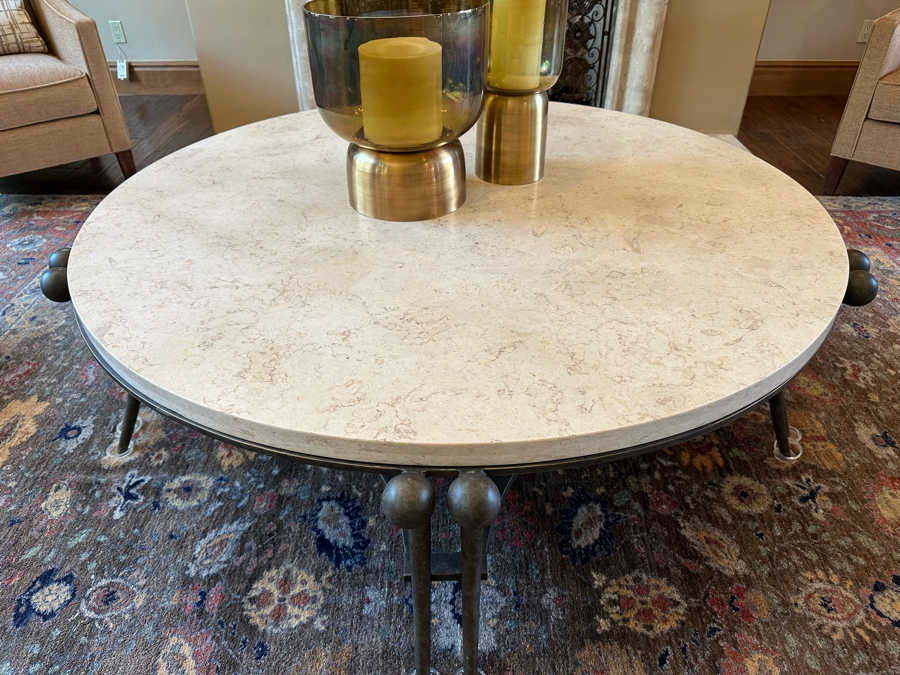 Stunning Sculptural Bronze Base Coffee Table With Round Marble Top Very Heavy 4'9.5'R X 1'7'H [CR] [Photo 3]