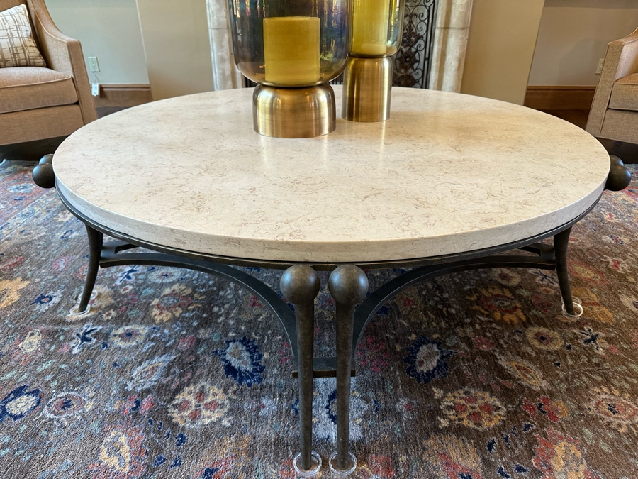 Stunning Sculptural Bronze Base Coffee Table With Round Marble Top Very Heavy 4'9.5'R X 1'7'H [CR] [Photo 1]
