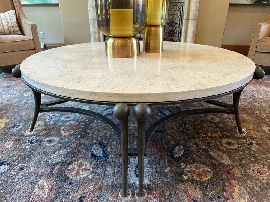 Stunning Sculptural Bronze Base Coffee Table With Round Marble Top Very Heavy 4'9.5'R X 1'7'H [CR] [Photo 2]