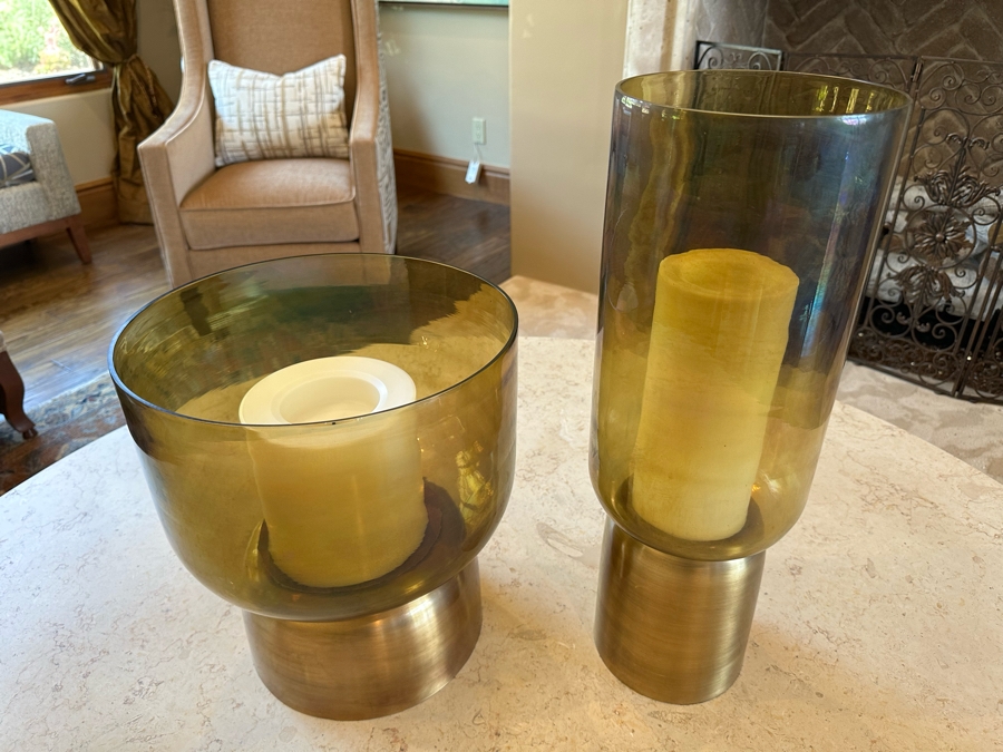 Pair Of Large Metal And Glass Candle Holders By Arteriors With Battery Powered Candles 1'9.5'H And 1'2.5'H [CR] [Photo 2]