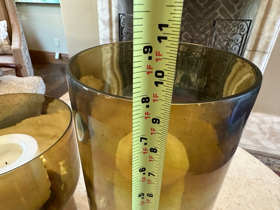 Pair Of Large Metal And Glass Candle Holders By Arteriors With Battery Powered Candles 1'9.5'H And 1'2.5'H [CR] [Photo 6]