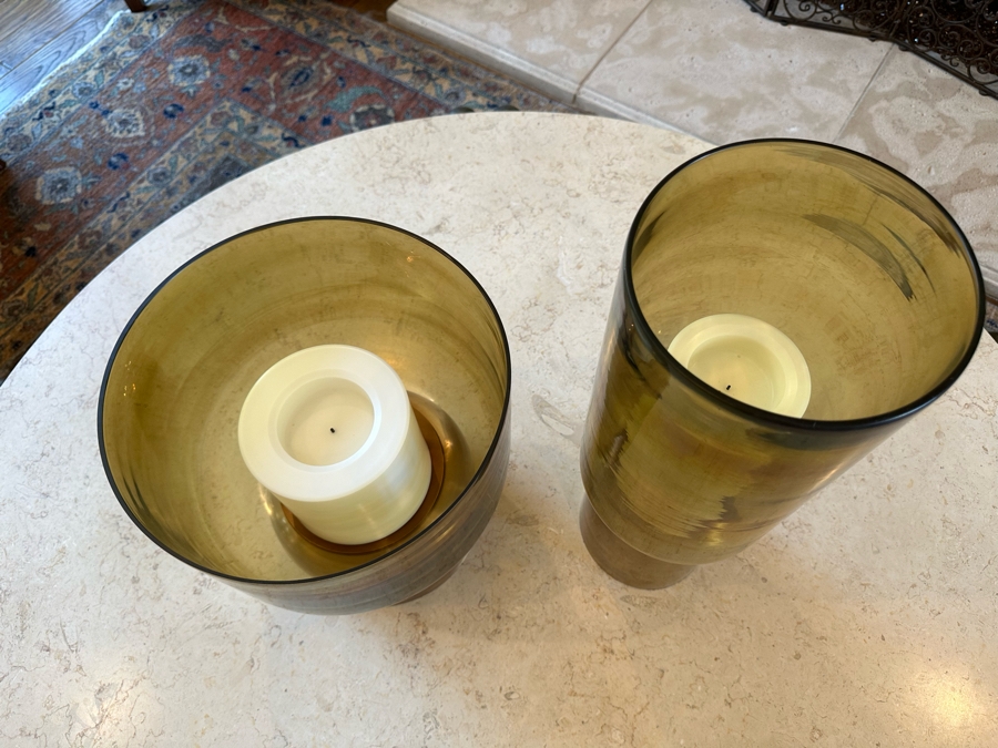 Pair Of Large Metal And Glass Candle Holders By Arteriors With Battery Powered Candles 1'9.5'H And 1'2.5'H [CR] [Photo 4]