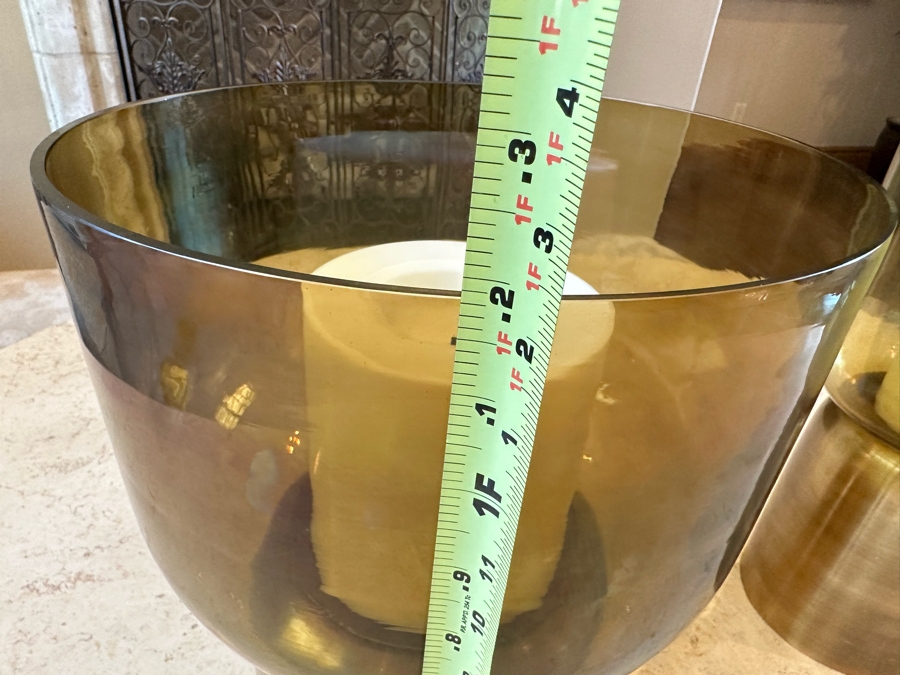 Pair Of Large Metal And Glass Candle Holders By Arteriors With Battery Powered Candles 1'9.5'H And 1'2.5'H [CR] [Photo 8]