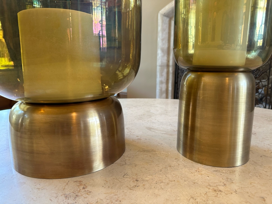 Pair Of Large Metal And Glass Candle Holders By Arteriors With Battery Powered Candles 1'9.5'H And 1'2.5'H [CR] [Photo 3]