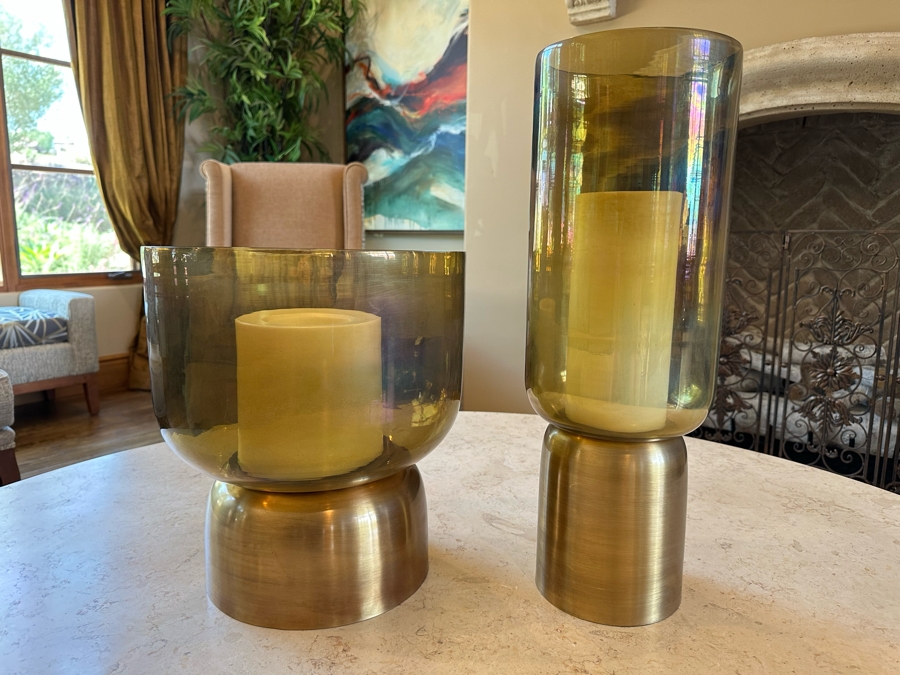 Pair Of Large Metal And Glass Candle Holders By Arteriors With Battery Powered Candles 1'9.5'H And 1'2.5'H [CR] [Photo 1]