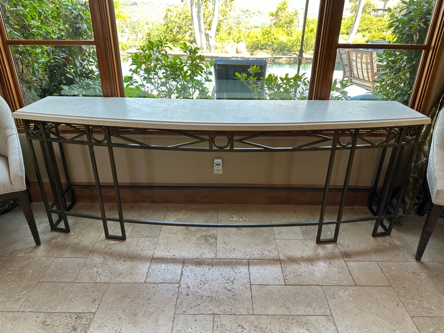 Large Curved Entry Way Sofa Table With Metal Base And Marble Top Very Heavy 8'2'W X 1'10'D X 2'10.5'H [CR] [Photo 2]