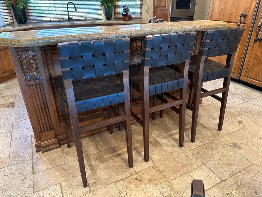 Set Of Three Wooden With Woven Leather Bar Stools [CR] [Photo 6]