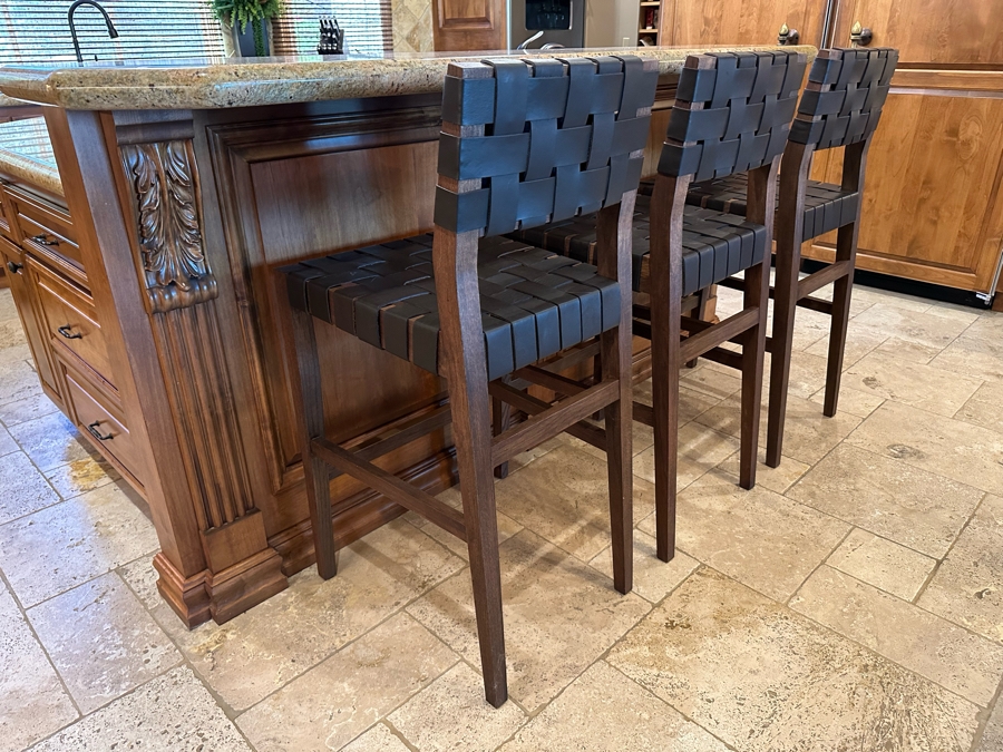 Set Of Three Wooden With Woven Leather Bar Stools [CR] [Photo 5]