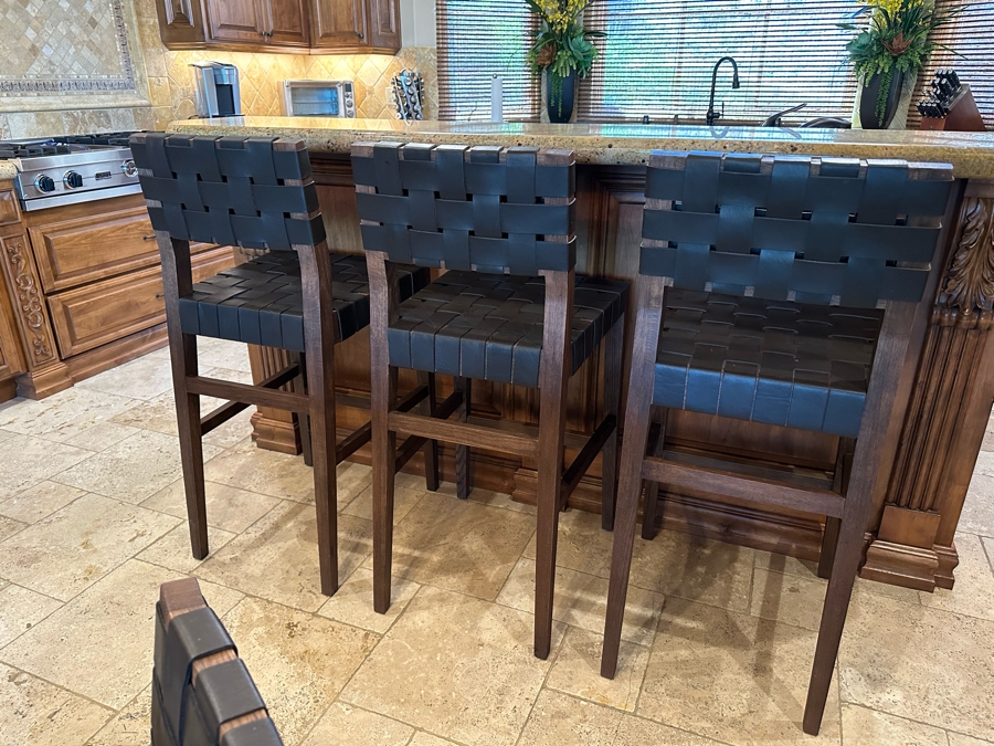 Set Of Three Wooden With Woven Leather Bar Stools [CR]